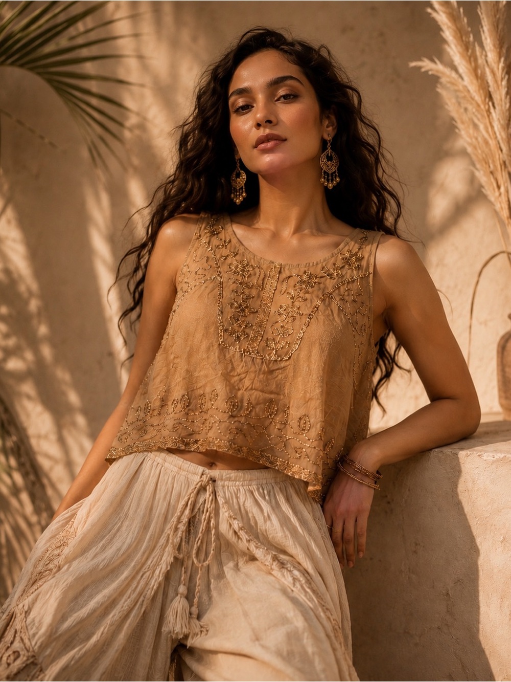 Rhea NWT Embroidered Baby Doll Crop Top Boho Camel One Size Handmade A28